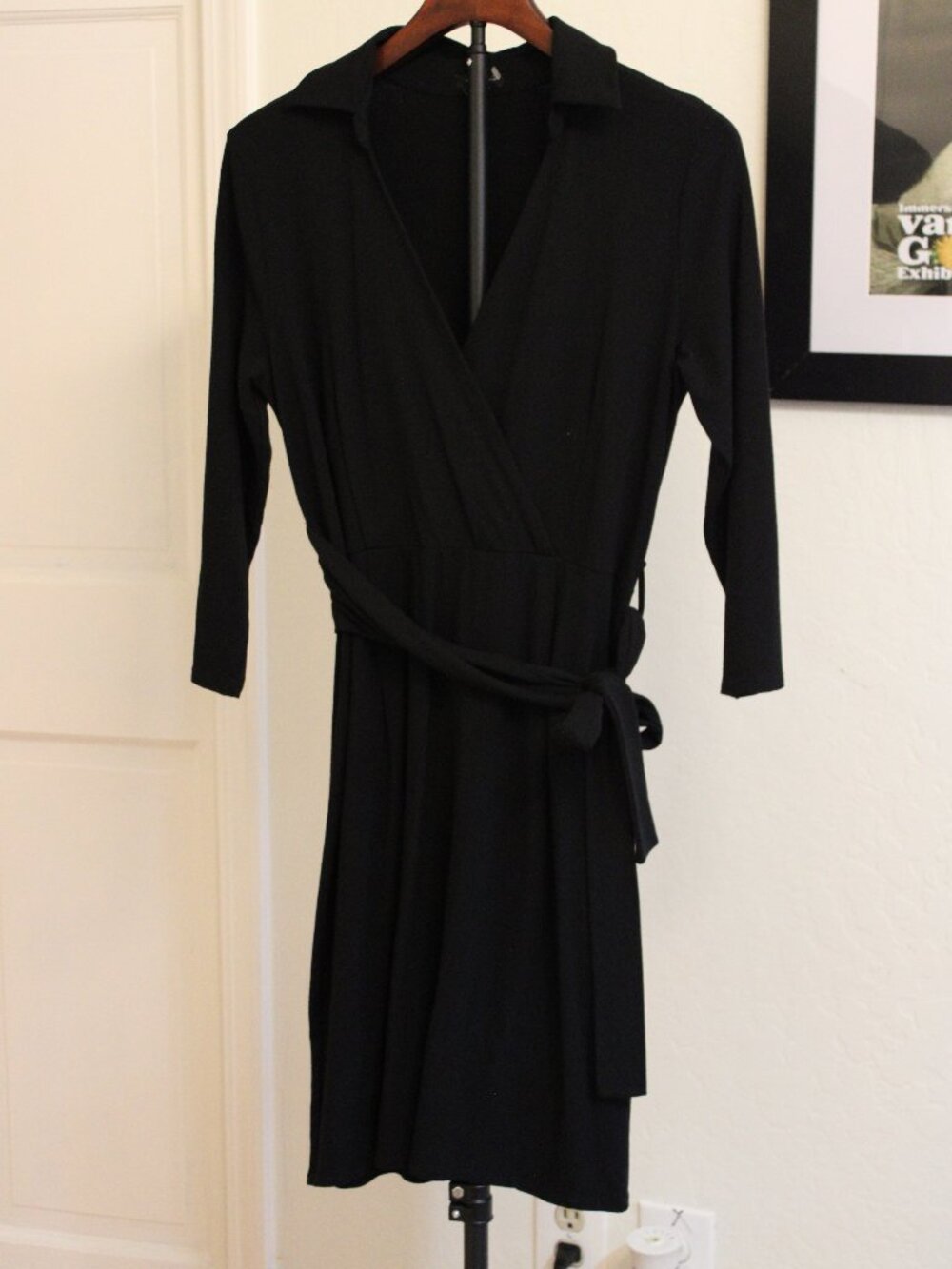 Ann Taylor Black Wrap Dress Size 10 Belted 3/4 Sleeve Classic LBD